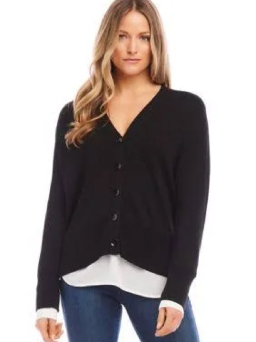 Karen Kane Black V-Neck Button Cardigan with White Hem and Cuff Trim- XL